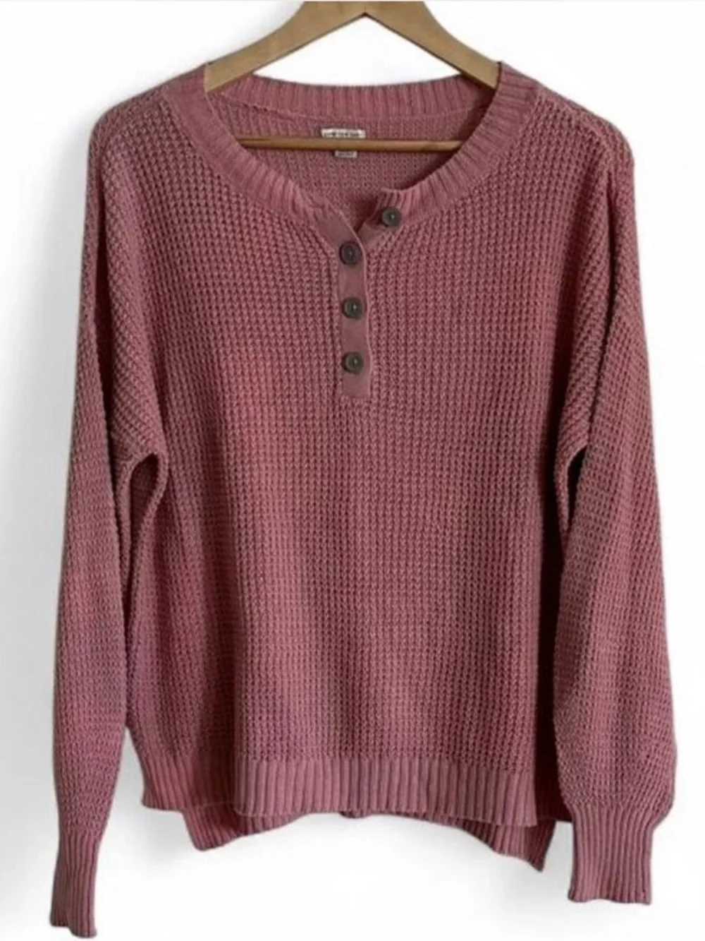 American Eagle Waffle Knit Henley Sweater Pink Long Sleeve Casual Small
